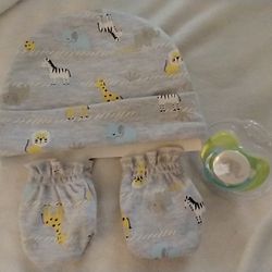 Little beginnings new baby hat mittens paci pacifier set size 3-6 mo elephant
