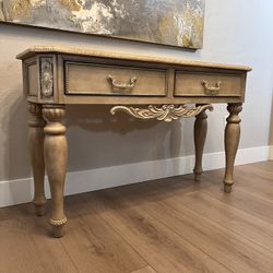 52” Wide Solid Wood Ortanique Light Opulent White Cream Sofa Table- Ornate Entry Table With Two Drawers