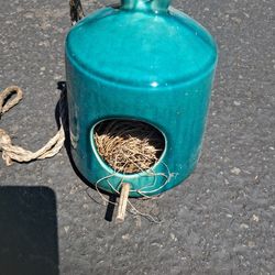 Handcrafted Turquoise Ceramic Birdhouse – Decorative Garden Accent