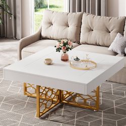 Modern Coffee Table, Square Cocktail Table with Metal Frame