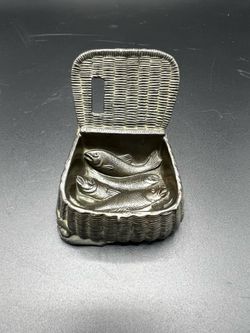 Rare Dodge Vintage Bronze Fishing Creel Trinket Box or Paperweight
