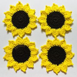 Crochet Handmade Coasters trivet MUG RUG-sunflower set of 4-yellow brown-doily