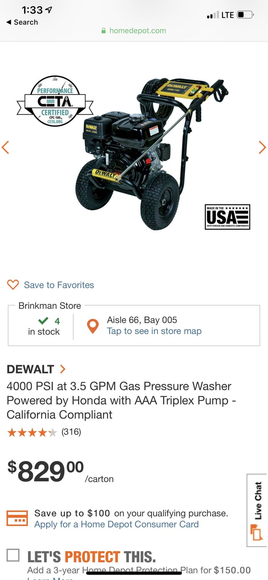 Gas Pressure Washer /4000 PSI, 3.5 GPM,DeWALT....OBO