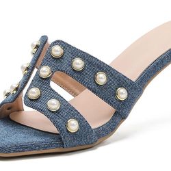 Women's Square Open Toe Sandals, Faux Pearl High Heel Slippers with Single Strap, Non-Slip