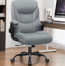 Leather Office Chair, Small PU Ergonomic Desk Chair, Comfy Computer Chair with Wheels and Flip-up Armrests, Adjustable Height Mid Back Executive Offic