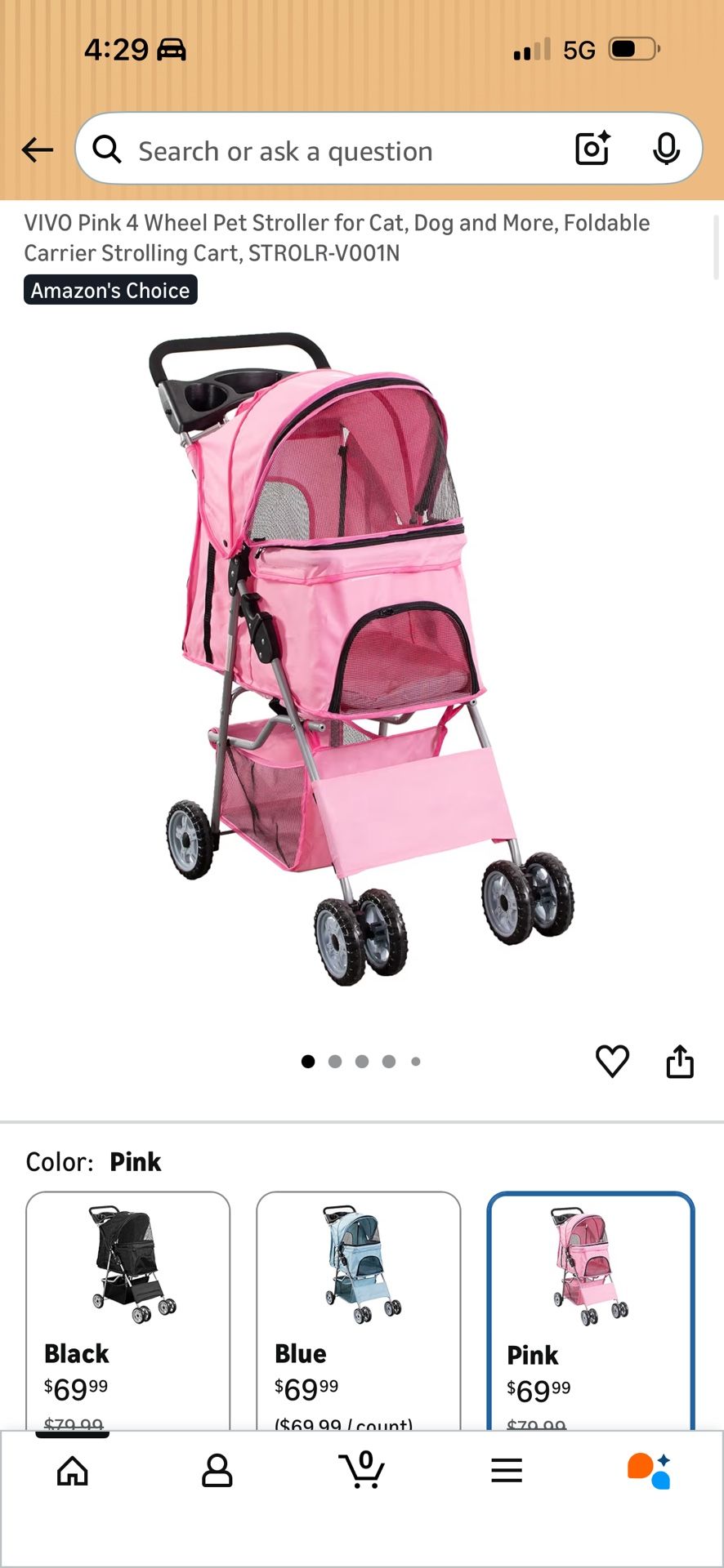 VIVO Pink 4 Wheel Pet Stroller for Cat, Dog and More, Foldable Carrier Strolling Cart