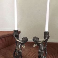 $310 - 2 Antique vintage Bronze pair Ángels candle holders beautiful Patina worth over $450