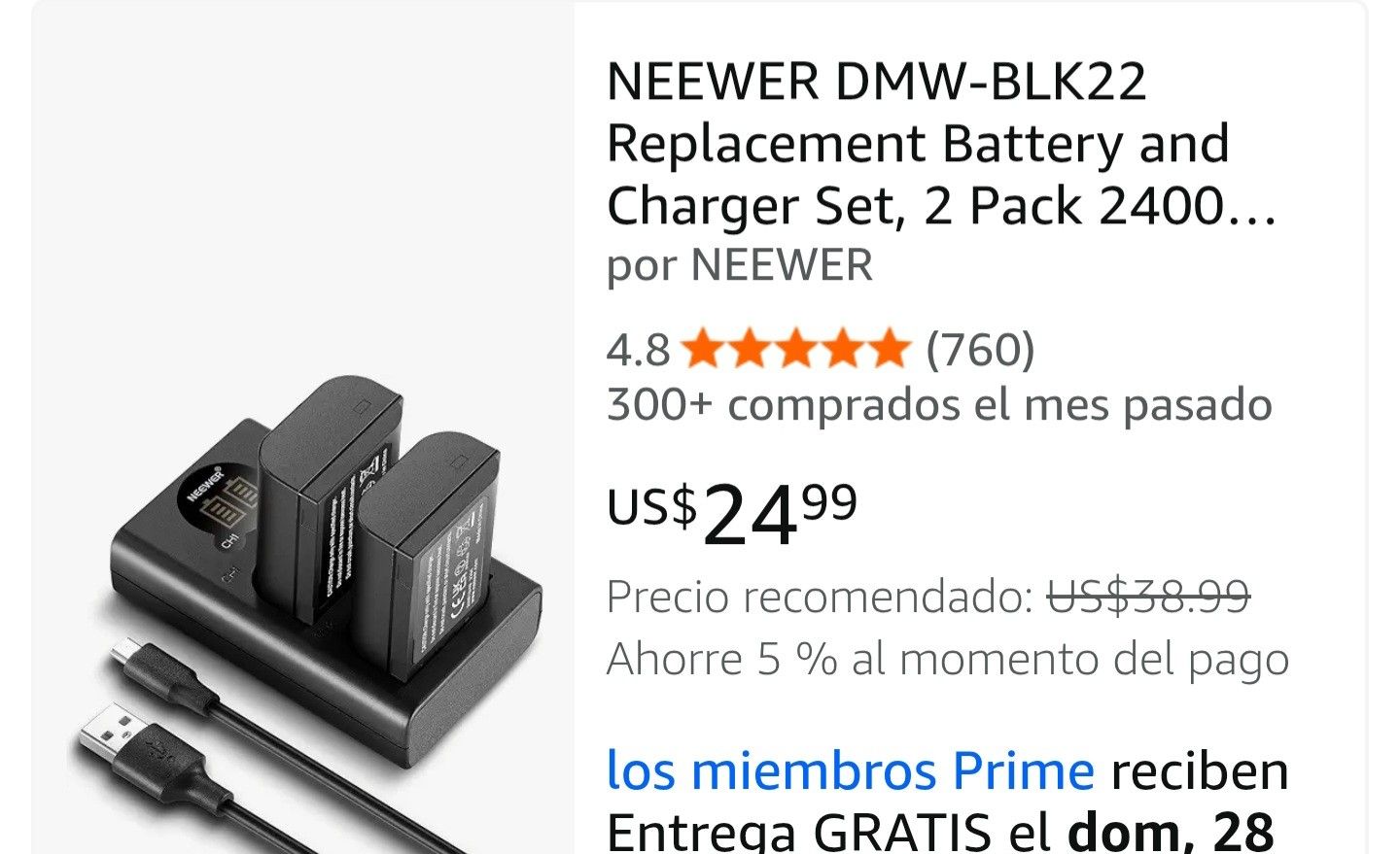 NEEWER DMW-BLK22 Replacement Battery and Charger Set, 2 Pack 2400 mAh Batteries and Type C Dual Channel USB Charger, Compatible with Panasonic Lumix D