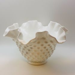 Fenton Hobnail White Milk Glass Bowl Vintage Ruffled Edge Decor