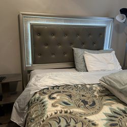 Queen bed frame, mattress, and TWO bedside tables