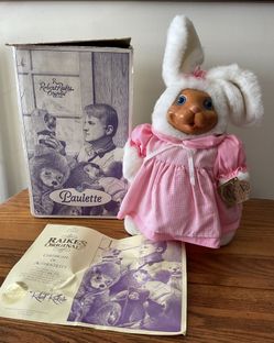 New Vintage Raikes Limited PAULETTE White Bunny Dressed Plush Wood Easter Adorable!