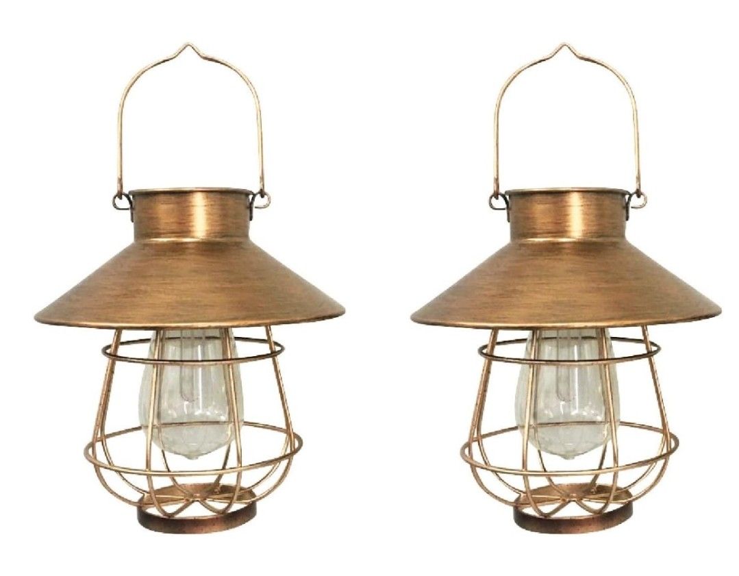 Solar Light Outdoor, 2 Pack Retro Metal Wireless Hanging Solar Lanterns with Warm White Edison Bulb Waterproof for Gazebo Garden Yard Farmhouse Decor