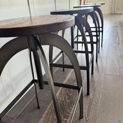 Set of 4 Adjustable Dark Wood & Metal Bar Stools