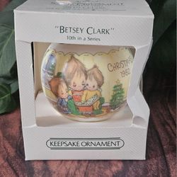 vintage 1982 Betsey Clark in box Joys of Christmas Hallmark Keepsake Ornament 10th in the Betsey Clark Hallmark ornament series. This white, statin ba