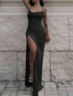 Black Ruched Slit Criss-Cross Strap Dress Formal/Casual