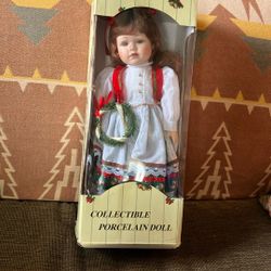 16” Porcelain Christmas Doll In Box With Stand
