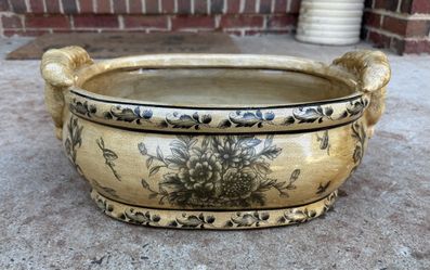 Oval Ceramic Planter Black Floral Glaze Decorative Bowl With Handles