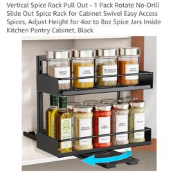 Vertical Spice Rack Pull Out - 1 Pack Rotate No-Drill Slide Out Spice Rack for Cabinet Swivel Easy Access Spices, Adjust Height for 4oz to 8oz Spice J