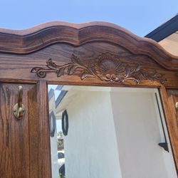 Antique Hall Tree Wood Cabinet With Mirror And Drawer