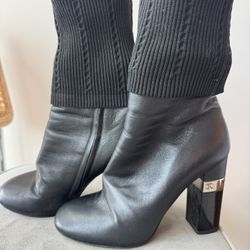 CHANEL black Leather Boot With Knit Sock
