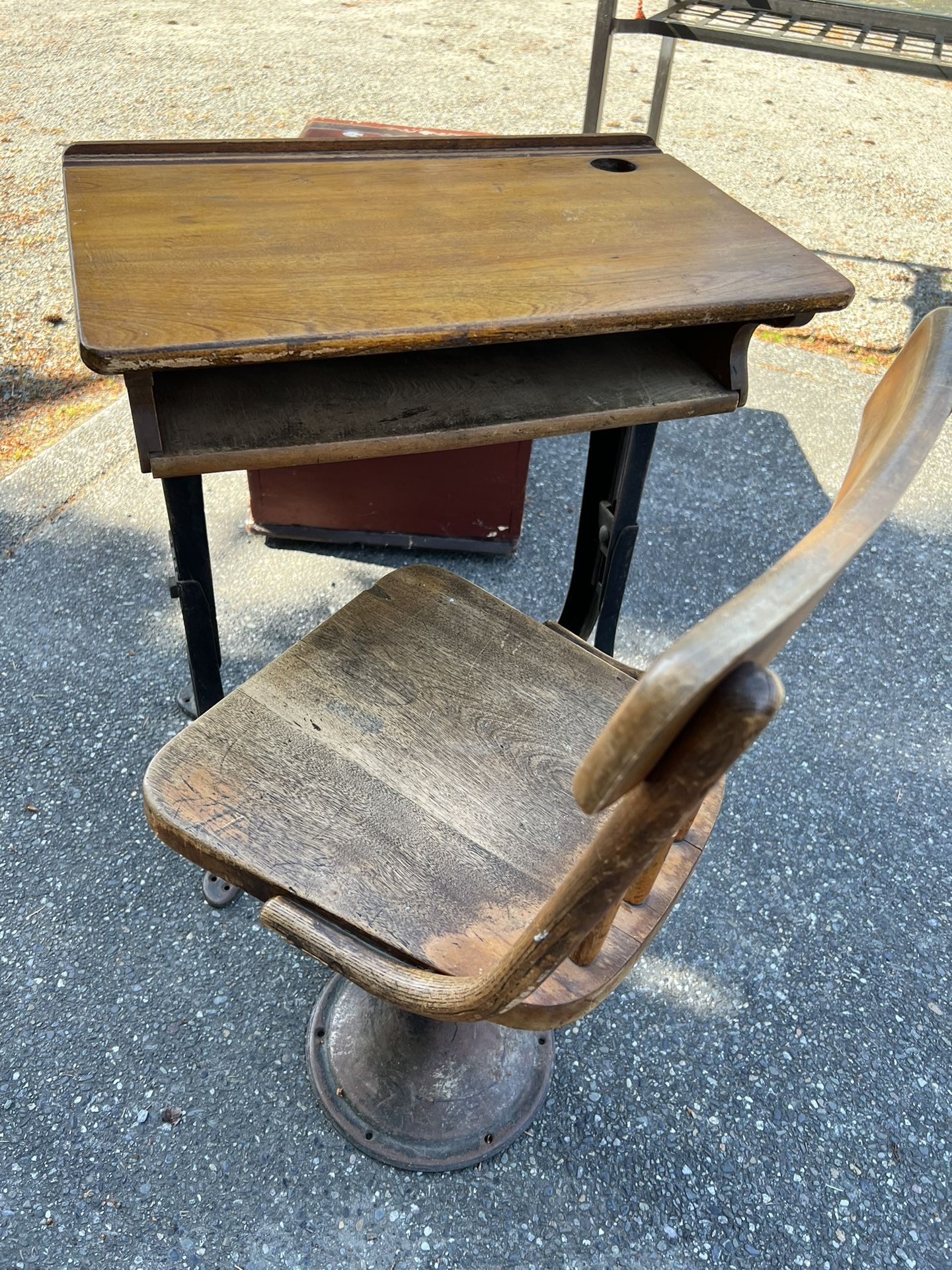 Early 1900’s school ink well desk & chair