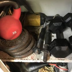 Assorted Dumbbells Plates Bars 140 Lbs For $95 Will Separate .75 Per Lb
