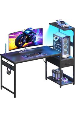 48'' Gaming Desk with LED Lights & CPU Stand, Black