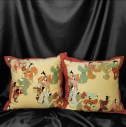 2 Extra Large luxury throw pillows iconic "Geishas" fabric pattern Manuel Canova 18.5"×18.5"