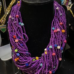 Purple Twisted Sand Beads Necklace with Multicolor Wooden Square Beads