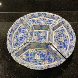 Vintage Japan Asian Blue White Floral Five Piece Ceramic Serving Tray Lazy Susan 14”