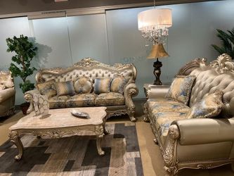 Elegant & Luxurious Style Sofa in a captivating champagne color w/blue accents