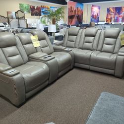 Brand New 3pcs Genuine Leather Power Reclining Sofa Loveseat Chair Recliner Set Gray