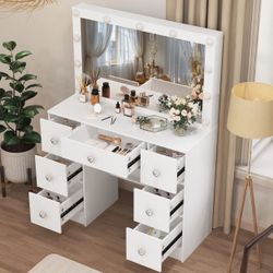 Vanity Makeup Table Dressing Desk 11 LED Lighted Mirror w/ 7 Drawers Bedroom US