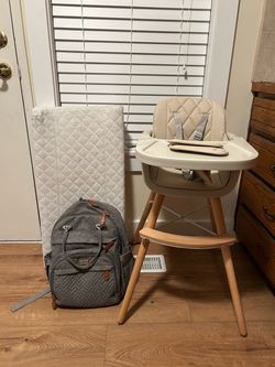 Bundle of baby items - High Chair, Diaper Bag, and Changing Pad