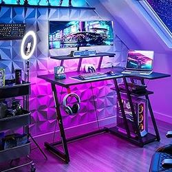 Gaming Desk with LED Lights and Electric Sockets, Gamer Desk with Monitor Stand, Corner Gaming Desk with Storage Shelf Carbon Fiber Black
