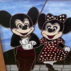 WALT DISNEY Stained Glass Tiffany Style MICKEY & MINNIE MOUSE Window Wall Art In Wood & Brass Frame!