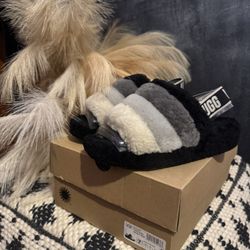UGG Fluff Slides (Black Multi), Size 7W