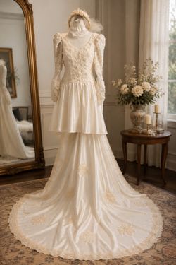 Like NEW Vintage VICTORIAN Beaded WEDDING GOWN w CATHERDRAL Train & Veil