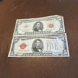 2 Red Star 5 Dollar Bills 1928/1963