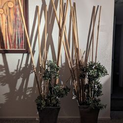 2-Tapered Rustic Copper Planters W/Faux Bonsai Plants & Bamboo Sticks