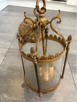 Vintage Brass and Etched Glass Lantern Chandelier