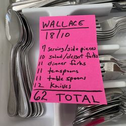 WALLACE Stainless Steel Silver Service For 10 Or More! 62 Total With Serving Pieces, Butter Knives & Slotted Spoon. Tray Not Included. 