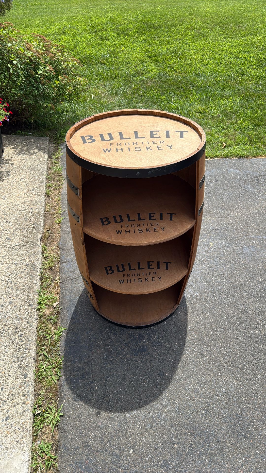 BULLEIT BOURBON BARREL DISPLAY CASE WITH BUILT IN SHELVES MAN CAVE DECOR