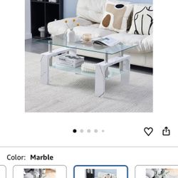 Living Room Rectangle Coffee Table, Tea Table Suitable for Waiting Room, Modern Side Coffee Table with Wooden Leg, Glass Tabletop with Lower Shelf, Ma