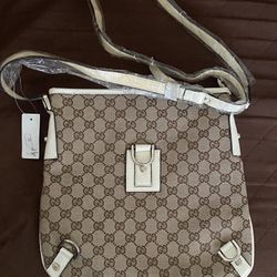 Gucci  GG Canvas Crossbody Bag With White Leather Trim 