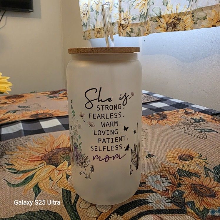 16 oz. Frosted Glass w/ Bamboo Top & Glass Straw W/ UV DTF Transfer