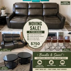 4-Piece Living Room Bundle – Reclining Sofa Set + 4 Bar Stools + Side Tables – Moving Sale
