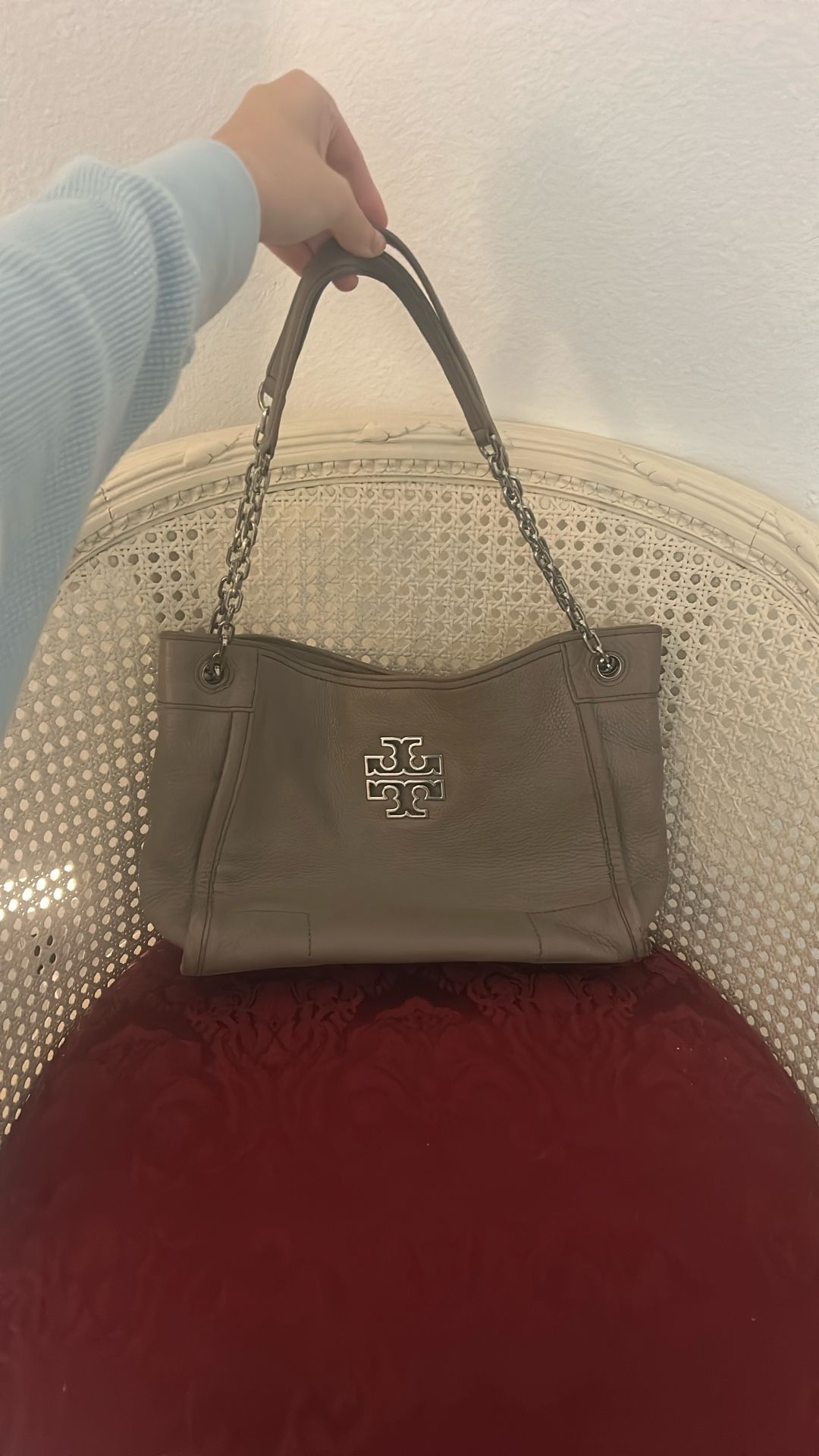 Tory Burch Britten slouchy tote purse bag satchel Crossbody gray leather strap