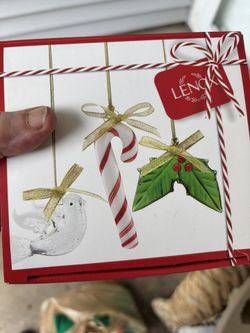 SET 3 Lenox ART GLASS ORNAMENT 3.5" Holly Dove Candy Cane Christmas Holiday