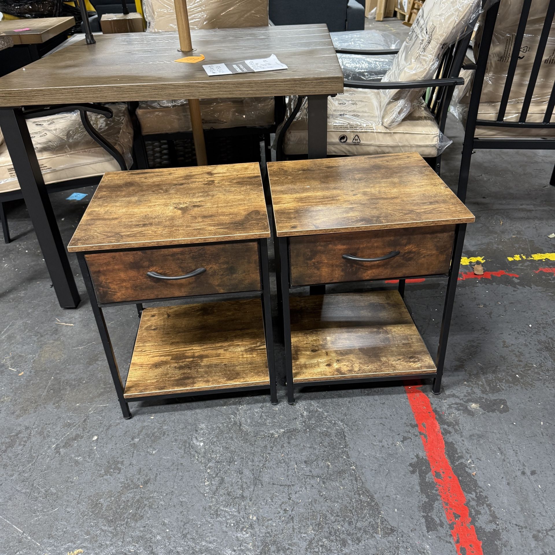 Set of 2 Modern Nightstand with Fabric Drawer & Open Shelf, Steel Frame End Table Bedside Table for Bedroom Living Room, Wooden Grain